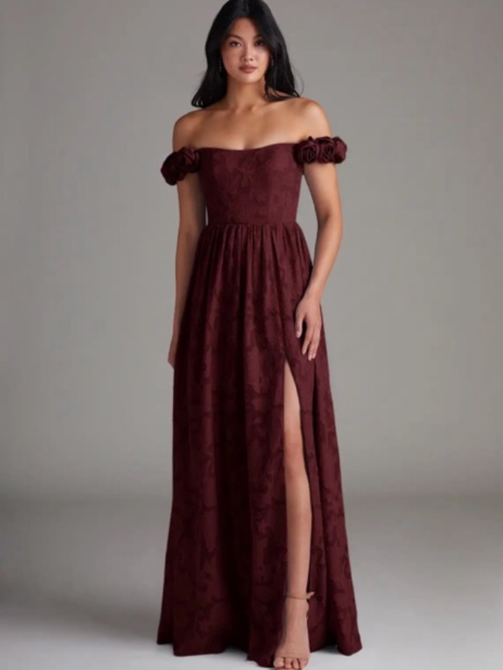 Azazie Atelier Autumn Wine/Cabernet Floral Burnout Maxi Dress Size 6
